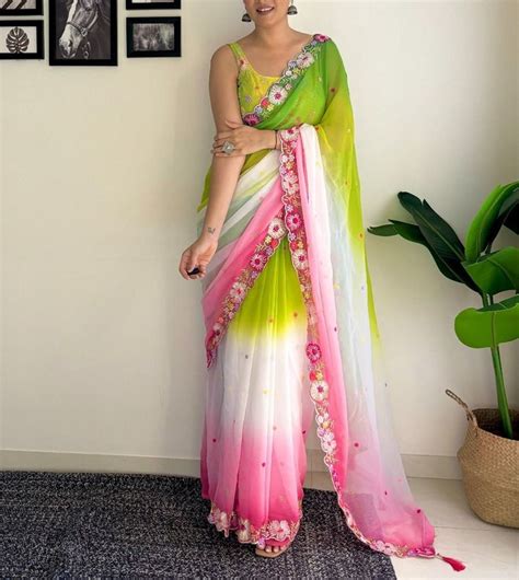 Buy Embroidered Georgette Saree With Threads & Sequence Work C Pallu ...