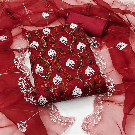 Elegant Maroon Organza Dress Material Ensemble With Exquisite Floral E