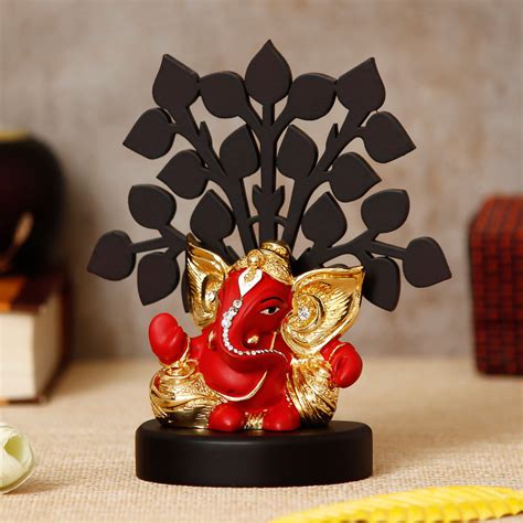 Gold Plated Red Kaan Ganesha Decorative Showpiece with Wooden Tree for ...