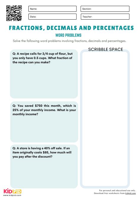 Fractions, Decimals and Percentages Word Problem Maths Worksheet for ...
