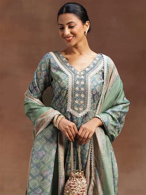 Buy Green Printed Silk Blend A-Line Kurta With Trousers & Dupatta ...