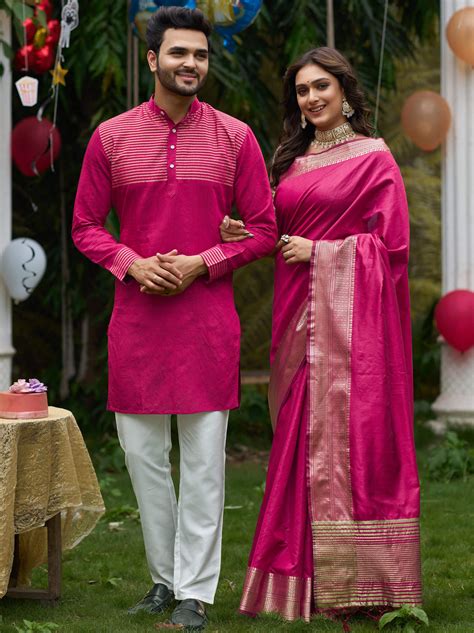 Rose Colored Silk Saree and Kurta Pajama Set for Couples – Archittam ...