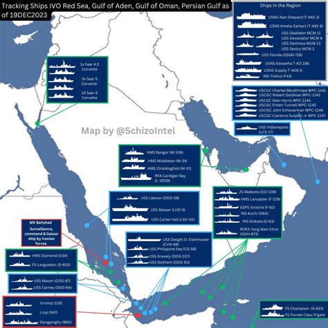 Map of warships operating in the Red Sea, Gulf of Oman, Gulf of Aden ...