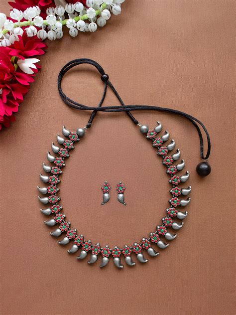 Silver Gold Green Red Flower Mango Design Handmade Terracotta Necklace ...