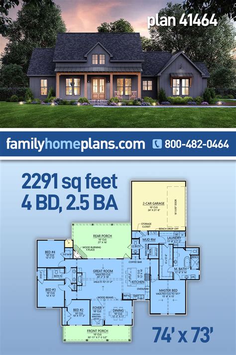Plan 41464 | 2291 Sq Ft, 4 Bedrooms, 2 Full Bath, 1 Half Bath, 2 Car ...