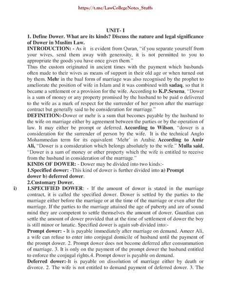 Marriage under Muslim Laws Qn A - UNIT- I 1. Define Dower. What are its ...