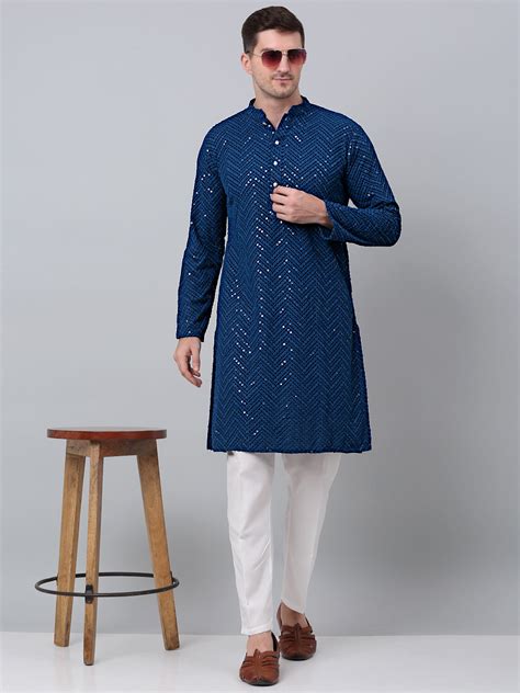 Men Peacock Blue Embroidered Sequinned Kurta with Churidar – Jompers ...
