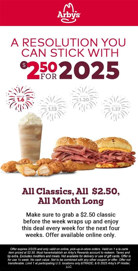 All classic sandwiches $2.50 online all month at Arbys restaurants ...