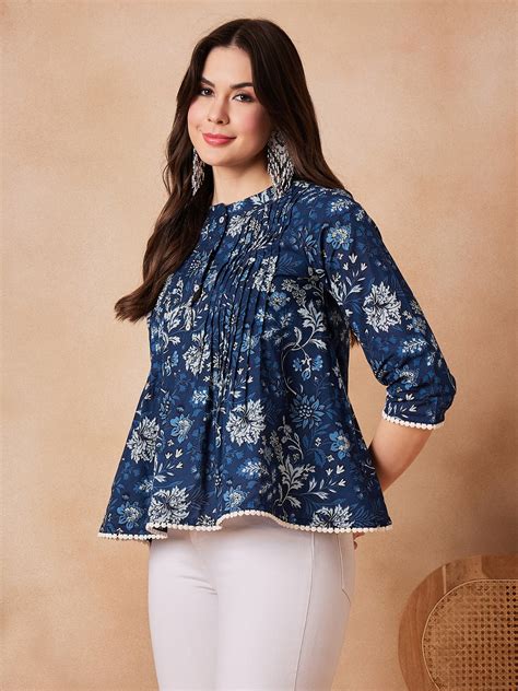 Indigo Floral Mandarin Neck Button Top