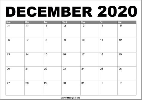 December 2020 Calendar Printable – Free Download – Noolyo.com