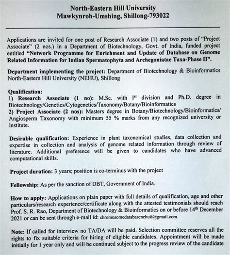 NEHU Shillong Plant Taxonomy/Bioinformtics RA Openings