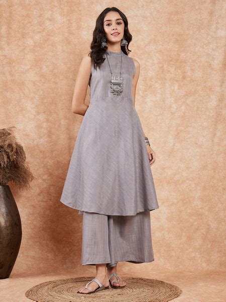 Light Grey Lurex Halter Neck W/S Kurta Palazzo Set