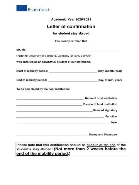 Fillable Online ERASMUS+ Letter Of Confirmation For Student Stay Abroad ...