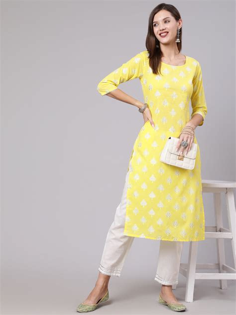 Yellow Printed Straight Kurta With Solid White Palazzo – Trendphoria