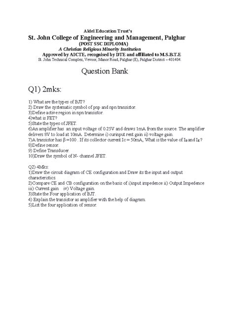 Question bank ut 2(BE E) - Aldel Education Trust's St. John College of ...