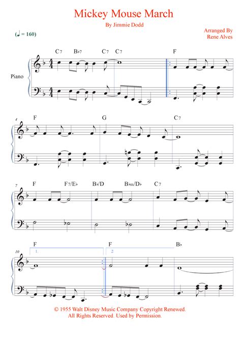 Mickey Mouse March (arr. Rene Alves) by Jimmie Dodd Sheet Music for ...