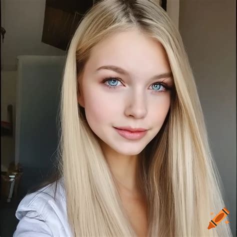 Realistic portrait of a friendly girl with pale blonde hair on Craiyon