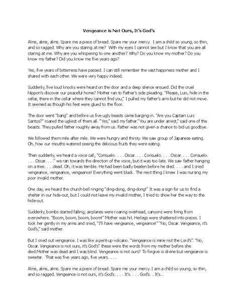 Declamation copy - Vengeance is Not Ours, It’s God’s Alms, alms, alms. Spare me a piece of bread ...