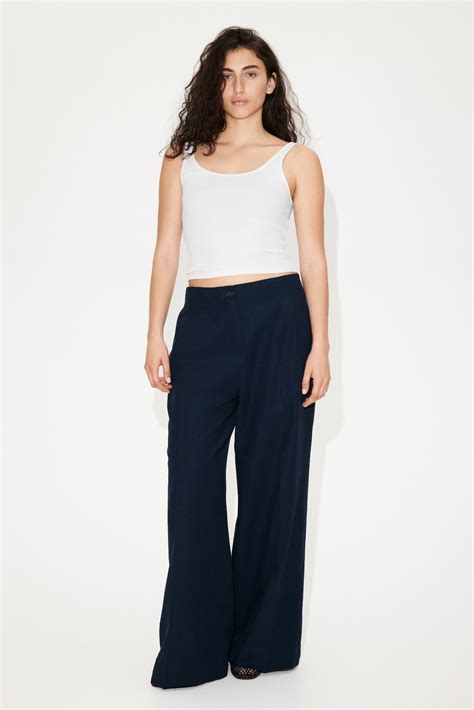 Wide linen-blend trousers - Navy blue - Ladies | H&M IN