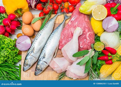Mediterranean Diet with Fish,meat and Vegetables Stock Photo - Image of fresh, board: 128886250 - diet of meat vegetables and fruits