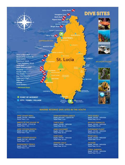 Large dive sites map of Saint Lucia | Saint Lucia | North America ...