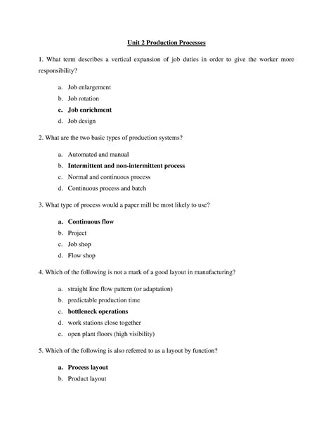 Unit 2 OSCM - mcq practice quastion - Unit 2 Production Processes What ...