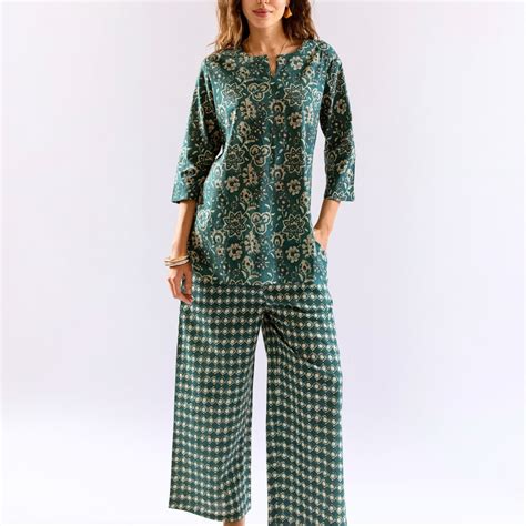 Teal Botanical Jaal Pure Cotton Round neck Co-ord set – FEATHERS CLOSET