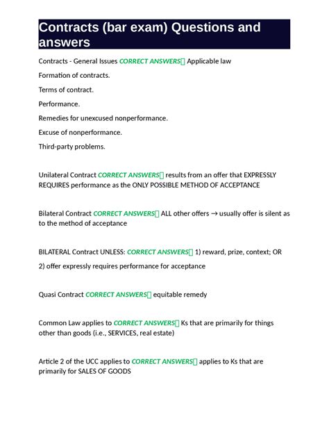 Contracts (bar exam) Questions and answers | Exams Law | Docsity