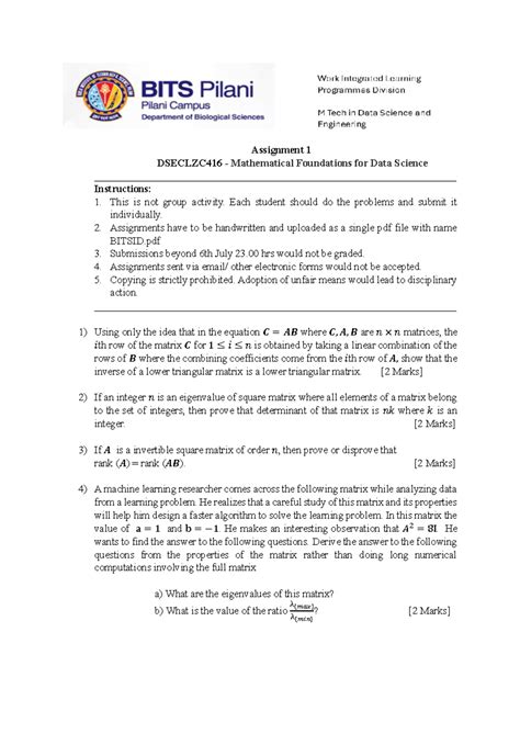 Assignment for 1st Mid Semester for Mathematical Foundation for Data ...