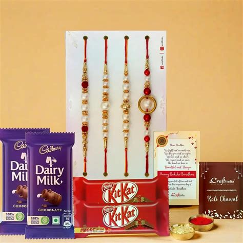 eCraftIndia Set of 4 Red, Golden White Pearls Rakhis for Brothers with ...