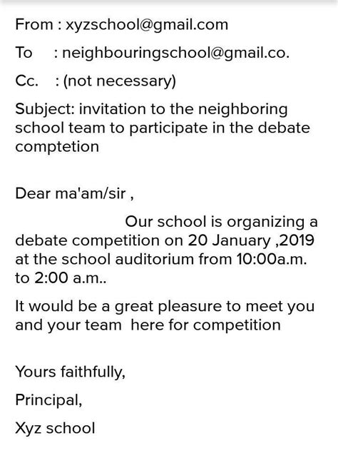Write an email to the principal of a neighbouring school informing her ...