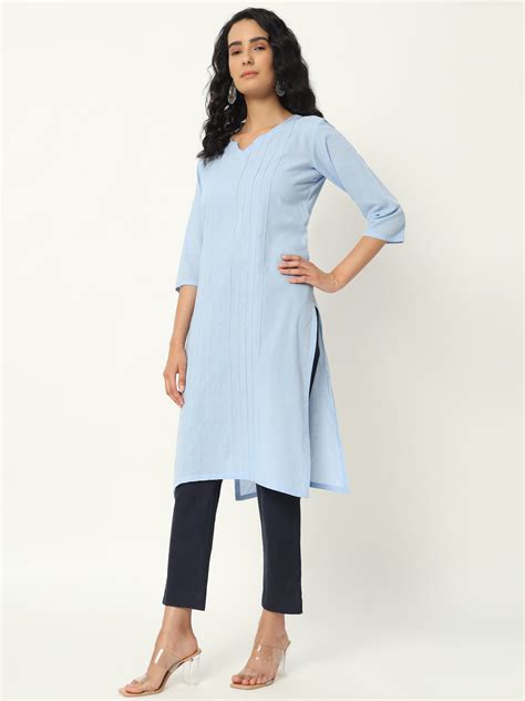 Chambray Blue Cotton Pintuck Long Kurta – SKYTICK