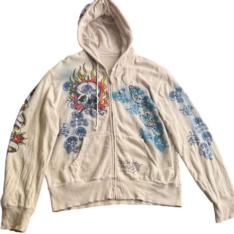 Ed Hardy Hoodie -Gold Rhinestones On Logo -Worn A... - Depop
