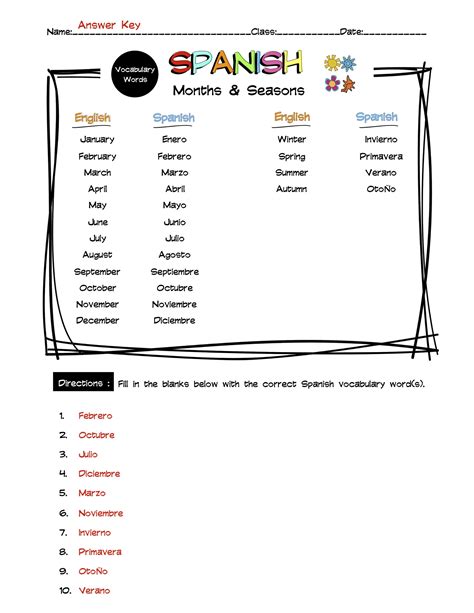 Spanish Months & Seasons Vocabulary Word List Worksheet & Answer Key ...