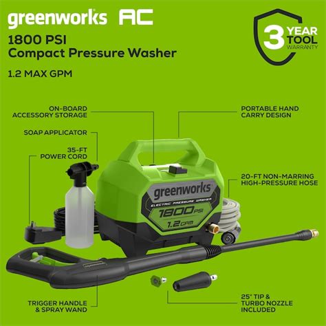 Greenworks 1800-PSI 1.2-GPM Cold Water Electric Pressure washer with 2 ...