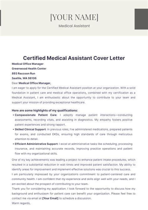 Free Certified Medical Assistant Cover Letter Template to Edit Online