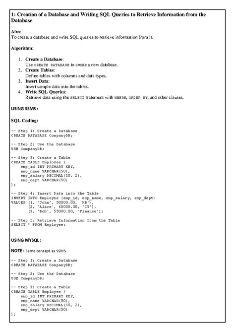 DBMS Lab - Practical Guide to SQL Queries and Database Management - Studocu