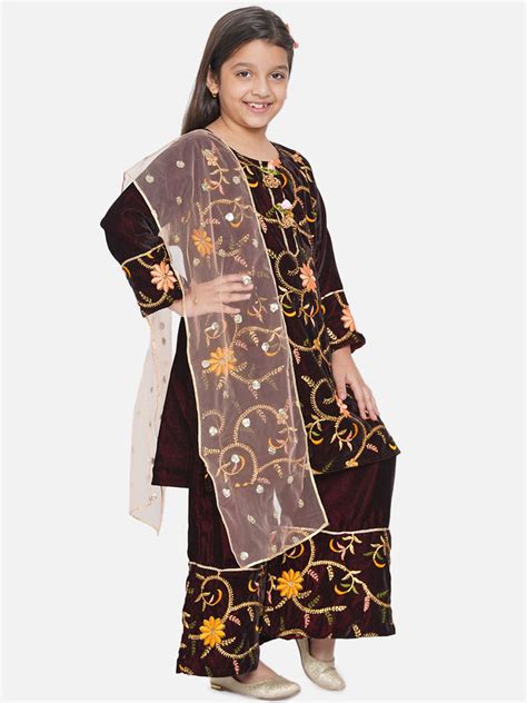 Girls Floral Embrodiery Velvet Kurta Plazzo in Mahroon – Little Bansi