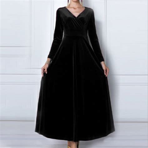 Maxi Sleeve Long black dresses v neck,Black velvet dress for women ...