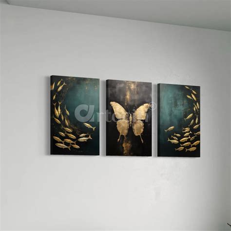Buy Golden Serenity: 3-Piece Teal Butterfly & Fishes Canvas Art Set ...