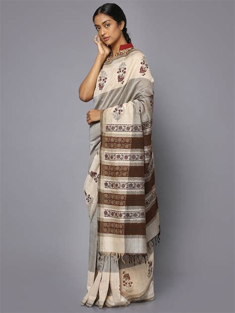 Light grey block print cotton saree – the good loom