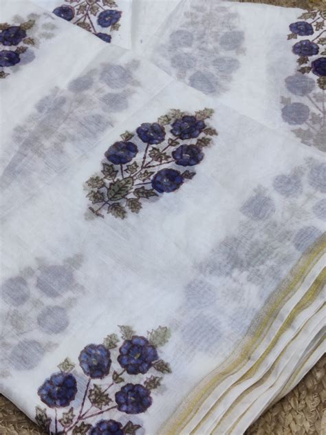 Pure Chanderi Silk Fabric in White with Mughal Prints in Blue ...