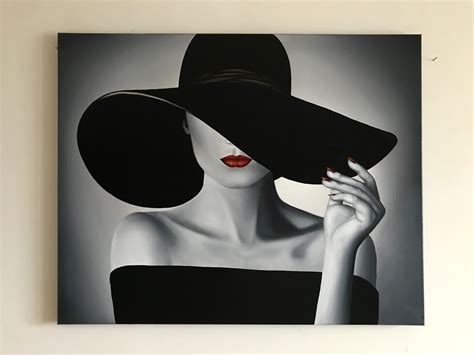 Woman With Hat Painting, Sensual Woman Art, Red Lips Art, Lady in Hat ...