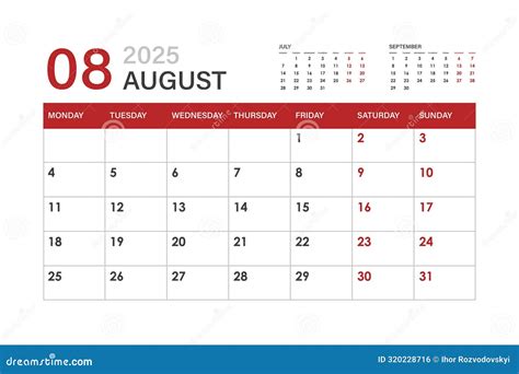 August 2025 Template, Calendar 2025 Design Vector, Planner Layout, Week ...