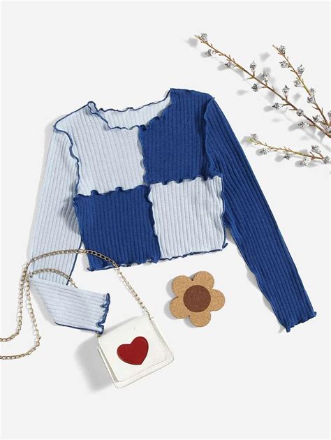 SHEIN Tween Girl Long Sleeve Patchwork Contrast Color Top With ...