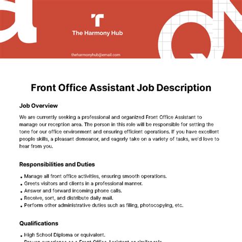 Free Front Office Assistant Job Description Template to Edit Online