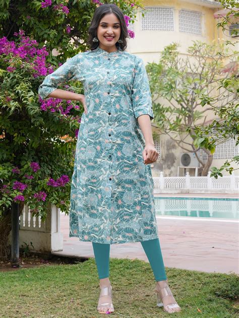 Turquoise Cotton Printed Straight Kurta – Vbuyz