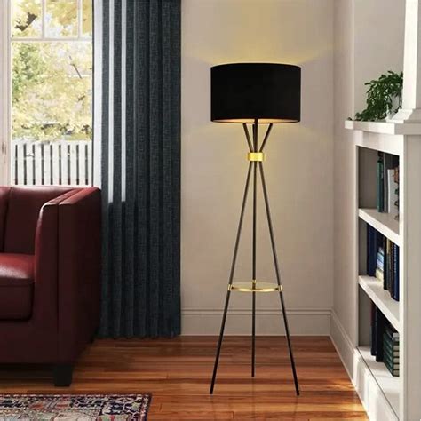 Gold and Black Shade Tripod Plant Stand Floor Lamp with one Tier Table ...