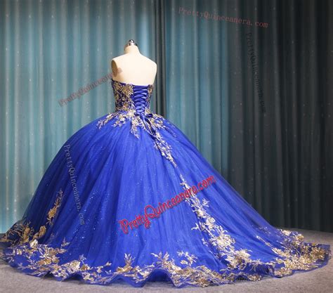 Royal Gold Sequined Floral Appliques Tiered Horsehair Hem Quinceanera Dress