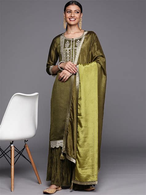 Buy Olive Yoke Design Silk Blend Straight Sharara Suit Set With Dupatta ...